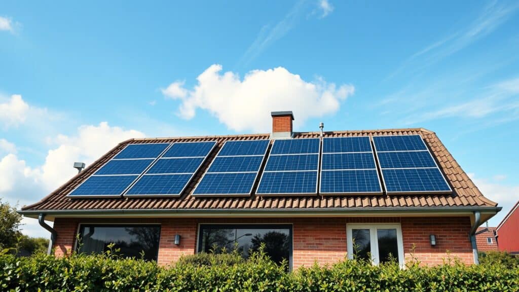 Acht zwarte zonnepanelen op het dak van een Nederlands huis met een groene tuin op de achtergrond.