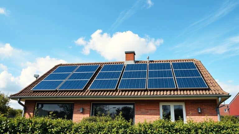 Acht zwarte zonnepanelen op het dak van een Nederlands huis met een groene tuin op de achtergrond.