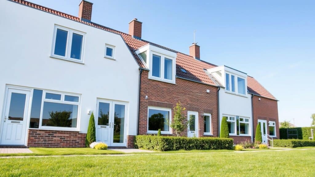 Witte kunststof kozijnen aan de gevel van een Nederlandse tussenwoning met een groene tuin.