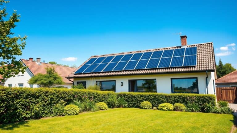 Moderne Nederlandse woning met zonnepanelen op het dak en een verzorgde tuin.
