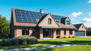 Moderne Nederlandse woning met zonnepanelen op het dak en een verzorgde tuin.