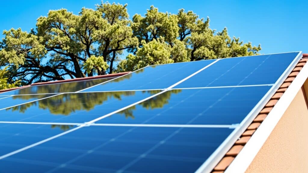 Zonnepanelen op het dak van een Nederlands huis met een eik op de achtergrond.