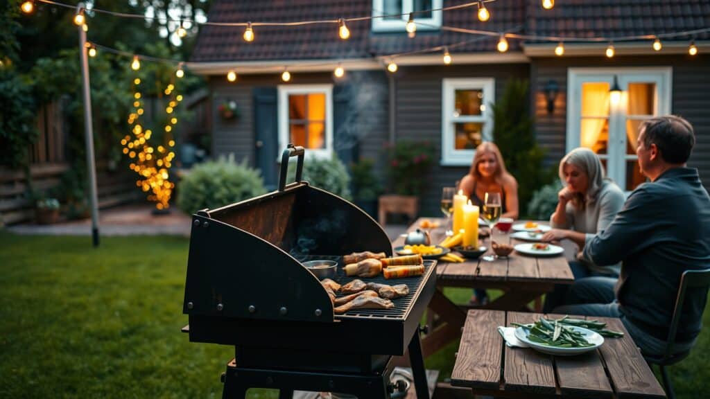 Vrienden die barbecueën in een Nederlandse tuin met een houtskoolgrill en een gezellige tafel.