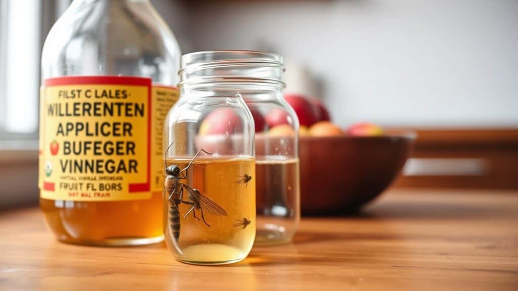 Glazen vliegenvanger met azijn op een houten keukenblad naast een fruitmand.