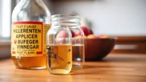 Glazen vliegenvanger met azijn op een houten keukenblad naast een fruitmand.