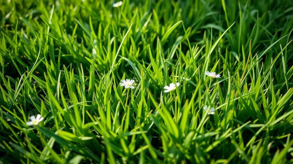 Groen gazon met witte klaverbloemen in een Nederlandse tuin, dicht op de grond gefotografeerd.