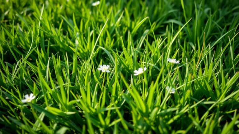Groen gazon met witte klaverbloemen in een Nederlandse tuin, dicht op de grond gefotografeerd.
