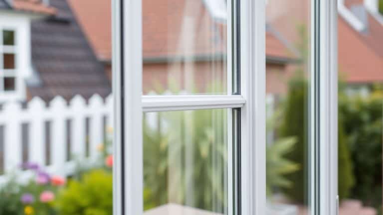 Close-up van een wit kunststof kozijn met thermische kamers en triple glas in een Nederlandse tuin.