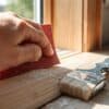 Hand die een houten kozijn schuurt met schuurpapier in een Nederlandse tuin.