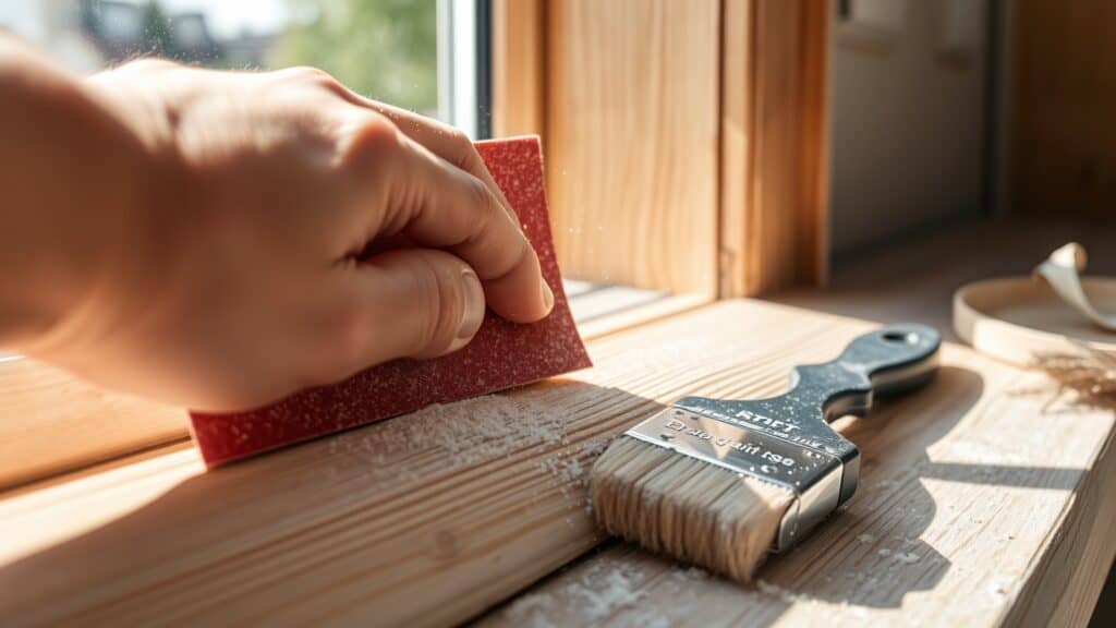 Hand die een houten kozijn schuurt met schuurpapier in een Nederlandse tuin.