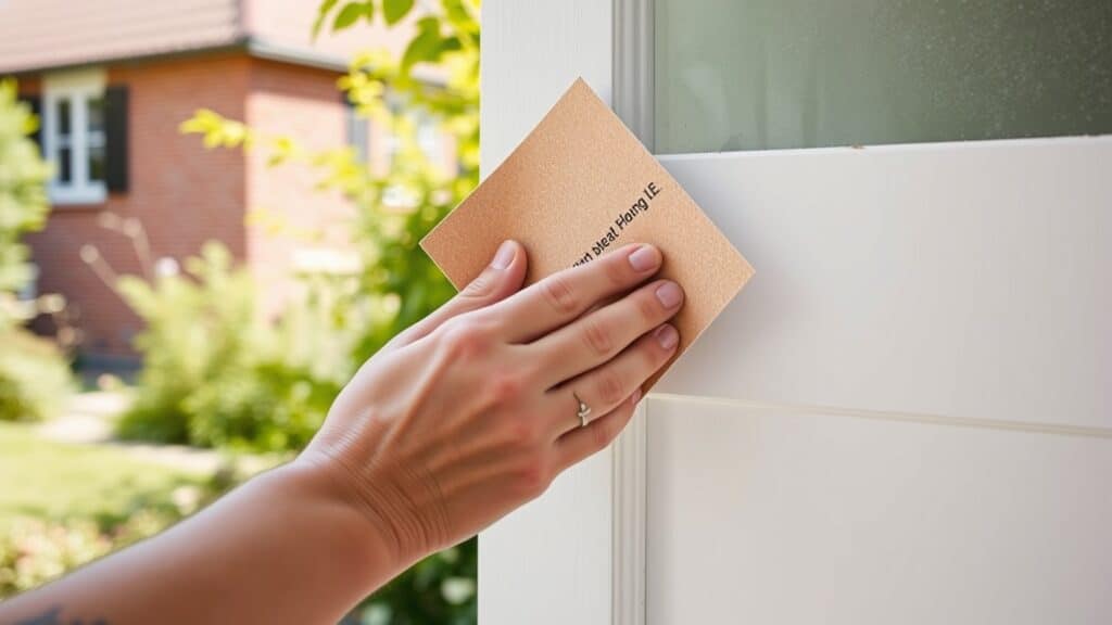 Hand met schuurpapier dat een wit geschilderde deurlijst gladstrijkt in een Nederlandse tuin.