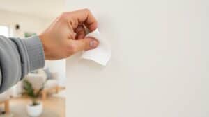 Hand die afplaktape van een stucmuur haalt zonder beschadiging.