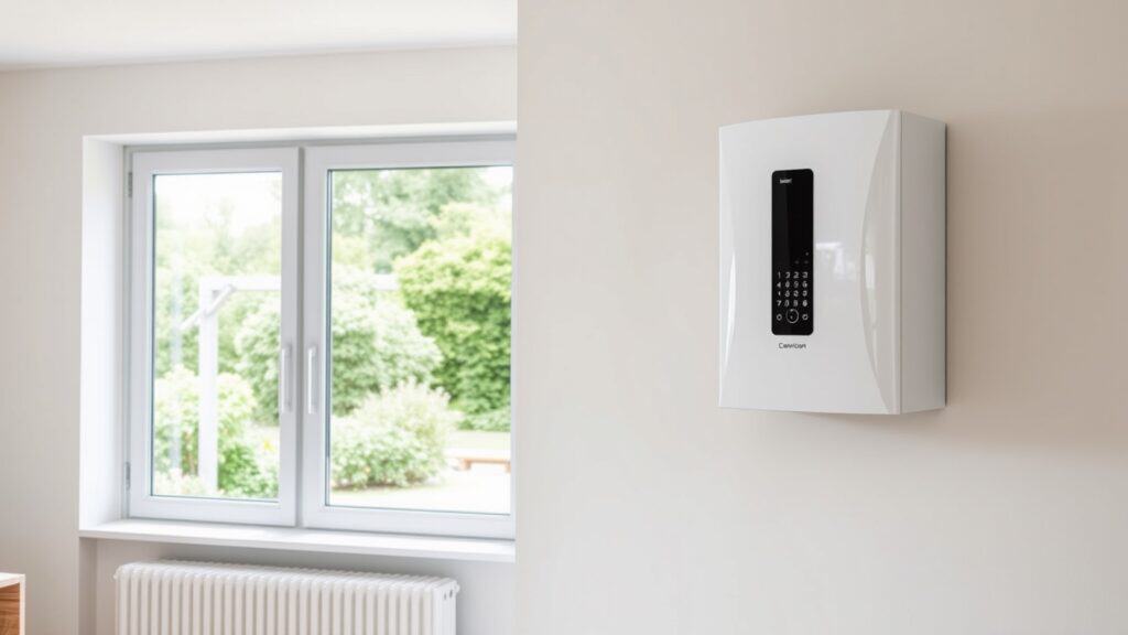 Moderne cv-ketel in een goed geïsoleerde Nederlandse woonkamer met uitzicht op de tuin.