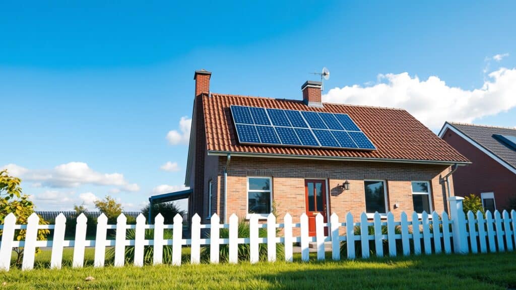 Moderne Nederlandse woning met zonnepanelen op het dak en een groene tuin op een zonnige dag.