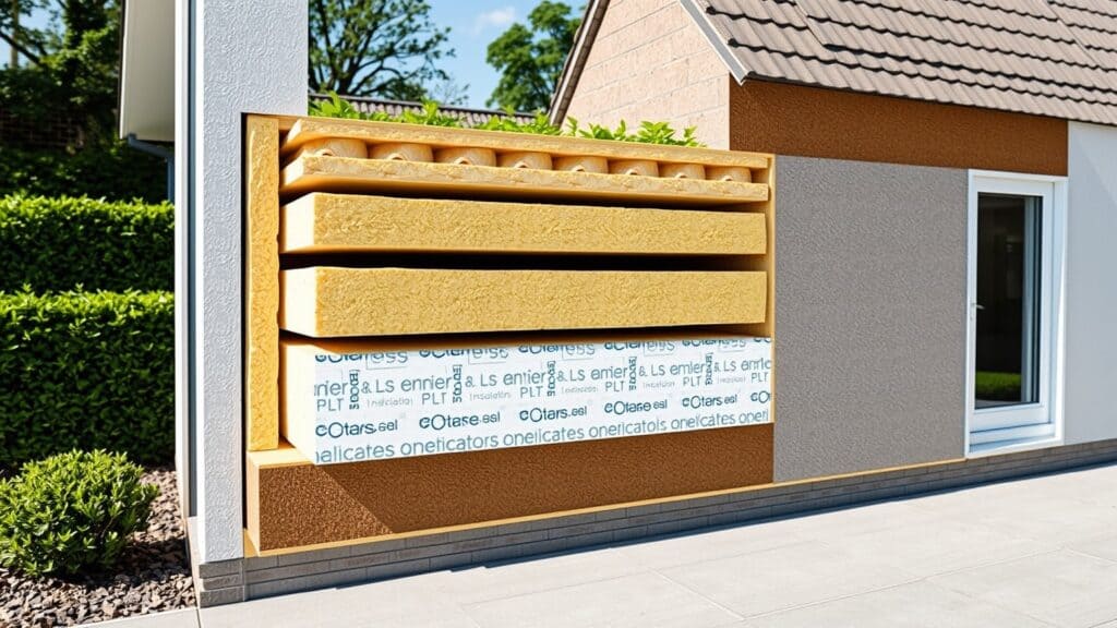 Dwarsdoorsnede van een Nederlandse gevel met isolatiematerialen in een tuin.