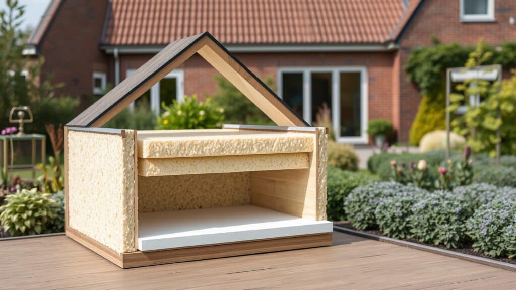 Dwarsdoorsnede van een Nederlandse gevel met minerale wol en zwevende vloer voor geluidsisolatie.