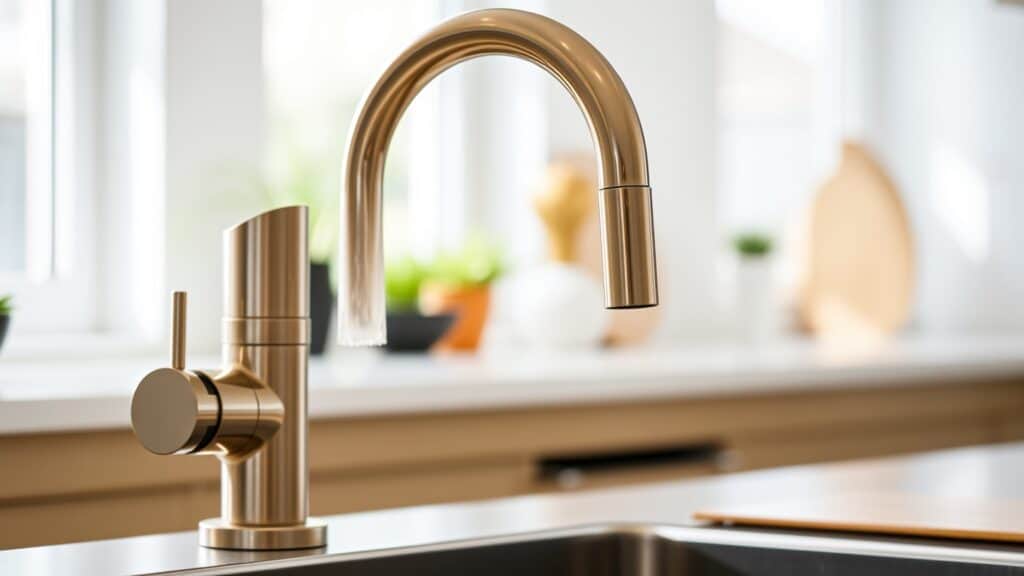 Moderne monobloc keukenkraan van massief messing met waterbesparende functie in een heldere Nederlandse keuken.