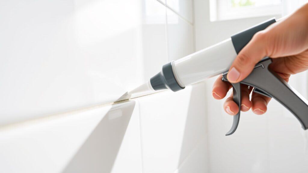 Hand die siliconenkit aanbrengt in de hoek van witte badkamertegels met een kitpistool.