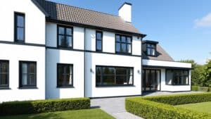 Wit huis met antraciet kozijnen in een groene tuin, moderne uitstraling.