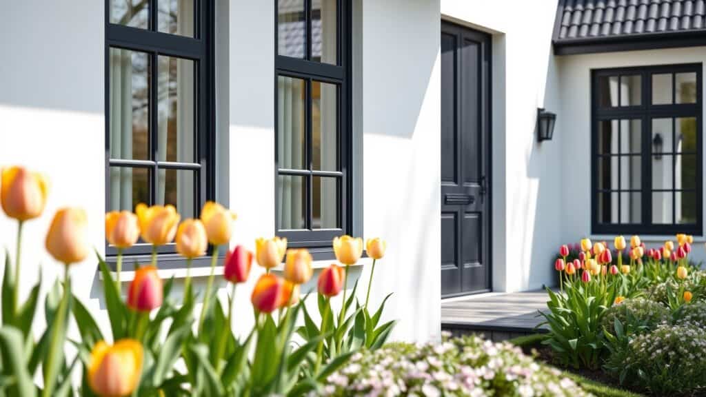 Witte gevel met antraciet kozijnen in een Nederlandse tuin met tulpen.