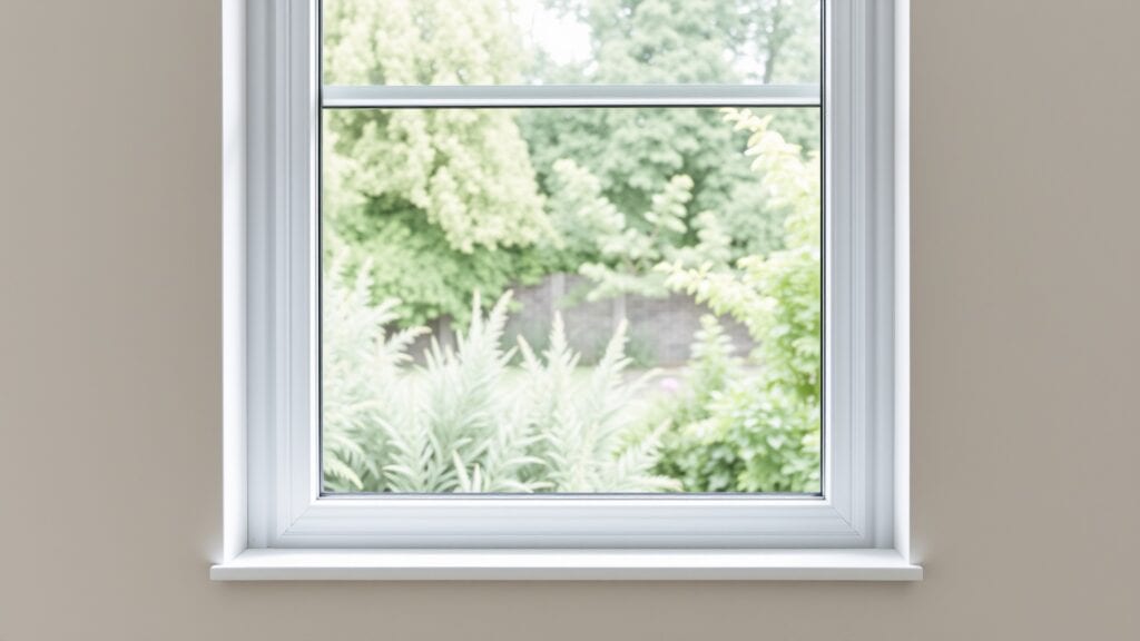 Wit kunststof kozijn in een lichte kamer met uitzicht op een groene Nederlandse tuin.