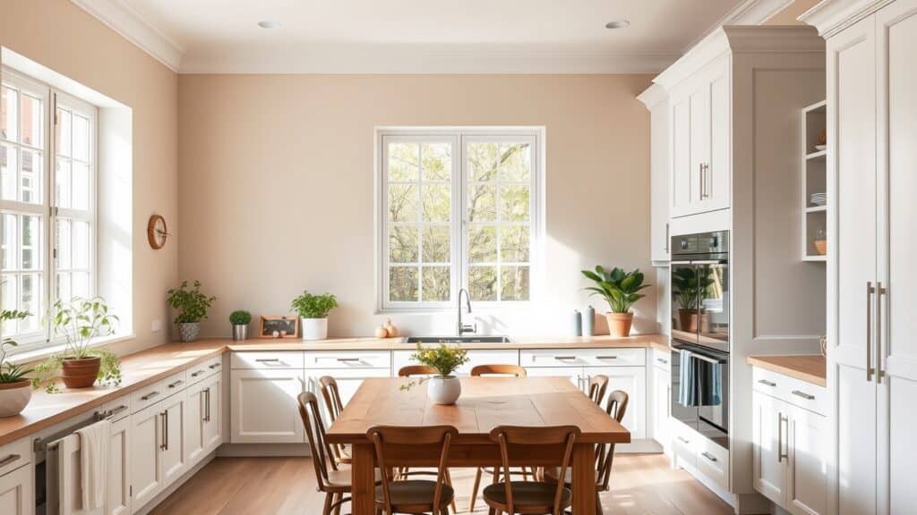 Witte keuken met lichtbeige muren en houten tafel in een lichte Nederlandse woonkamer.