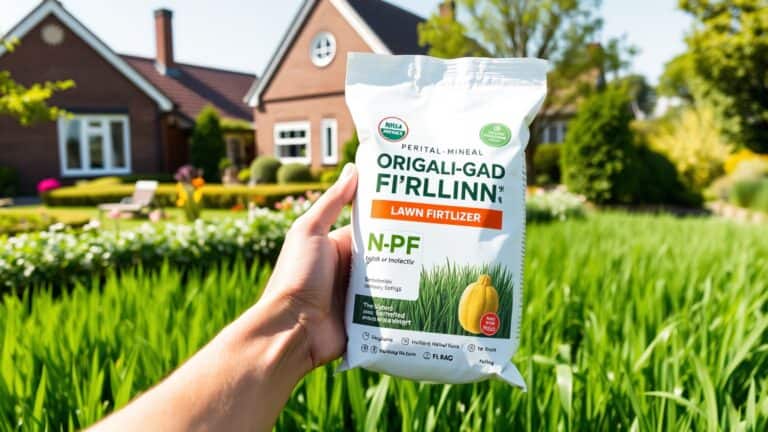 Hand met zak organisch-minerale gazonmest met NPK-waarden in een groene Nederlandse tuin.