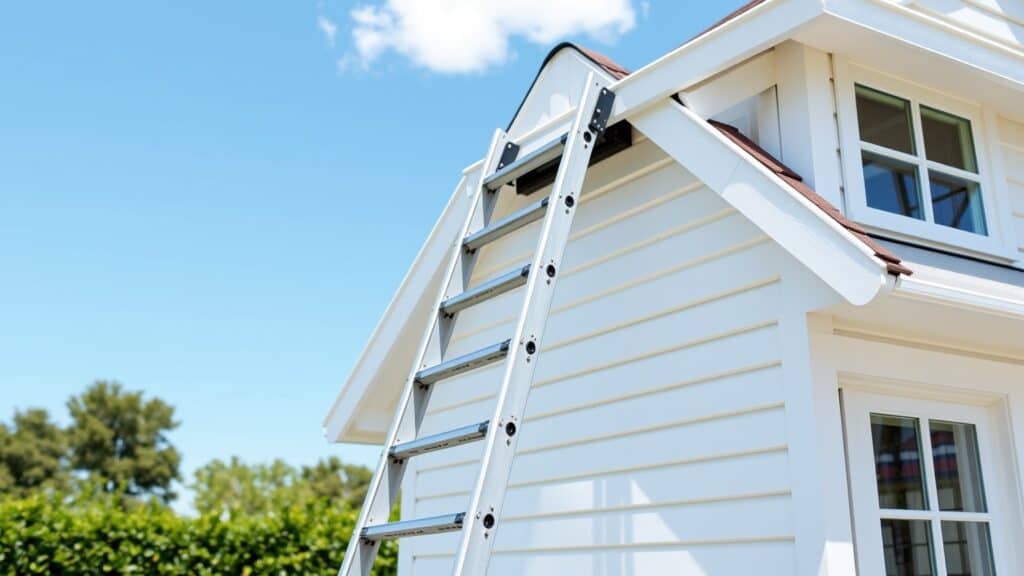 Driedelige ladder tegen de gevel van een Nederlands huis, klaar om de dakgoot schoon te maken.