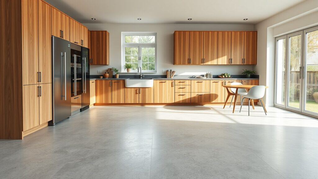 Moderne houten keuken met contrasterende grijze betonlook PVC vloer in een lichte Nederlandse woonkamer.