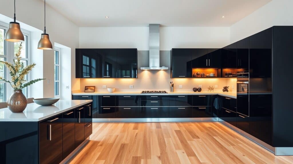 Moderne zwarte keuken met lichte eikenhouten vloer die de ruimte optisch vergroot.