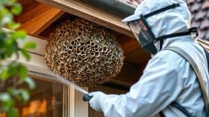 Professionele ongediertebestrijder in pak bespuit wespennest aan dakrand van huis in Nederlandse tuin.