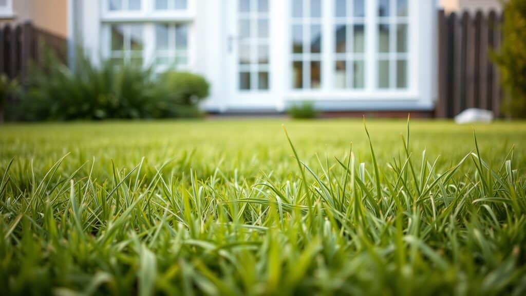 Nabijgelegen wild gras en Engels raaigras in een Nederlands gazon, met een wit huis op de achtergrond.