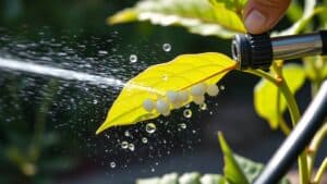 Tuinier spoelt wolluis van een blad af met een krachtige waterstraal uit een tuinslang.