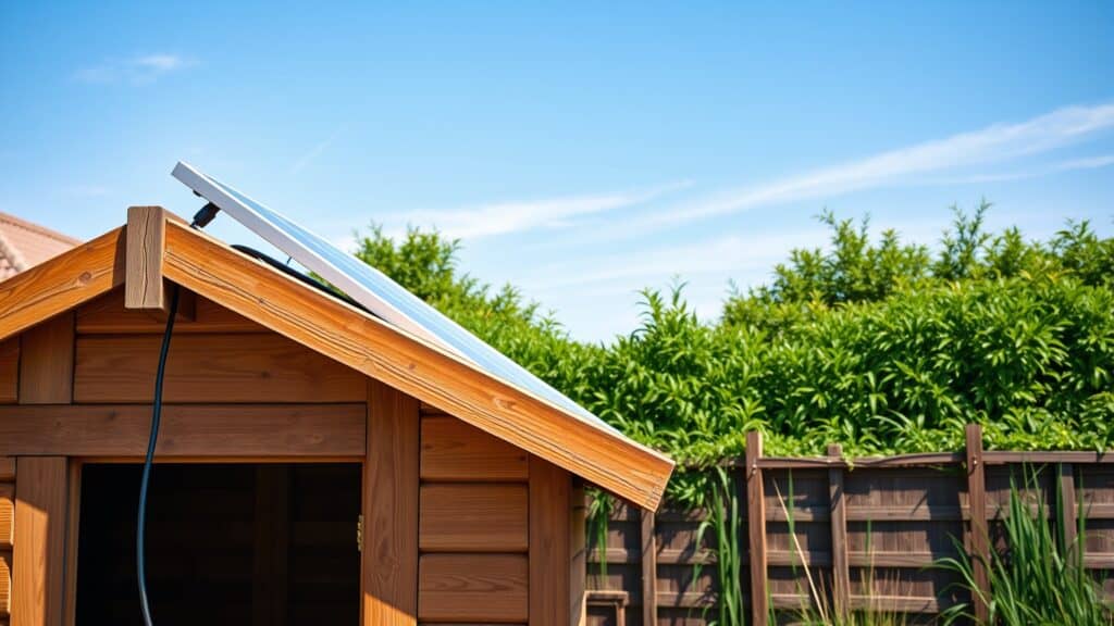 Zonnepaneel op het dak van een houten tuinhuisje in een zonnige Nederlandse tuin met groen gras.